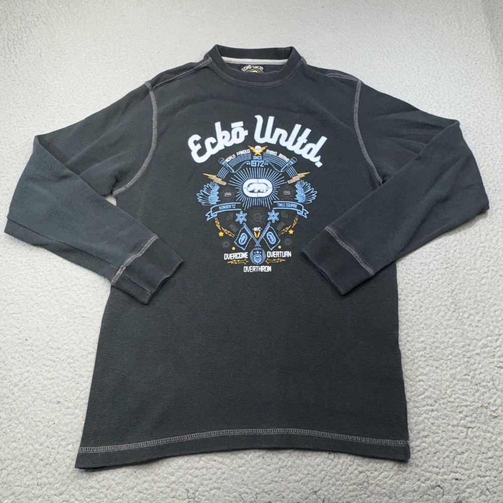 Vintage Ecko Unltd Sweatshirt Men Large Black Graphic Waffle Marc Streetwear Y2K